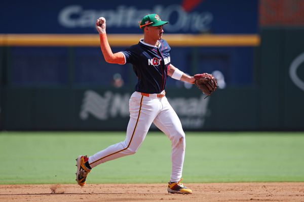 Jul 12, 2025; Atlanta, GA, USA;  National League Konnor Griffin (24) throws the ball during the second inning against American League at Truist Park. Mandatory Credit: Brett Davis-Imagn Images