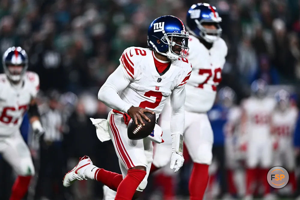 PHILADELPHIA, PA - DECEMBER 25: New York Giants Quarterback Tyrod Taylor (2) scrambles with the ball in the second half during the game between the New York Giants and Philadelphia Eagles on December 25, 2023 at Lincoln Financial Field in Philadelphia, PA. (Photo by Kyle Ross/Icon Sportswire)