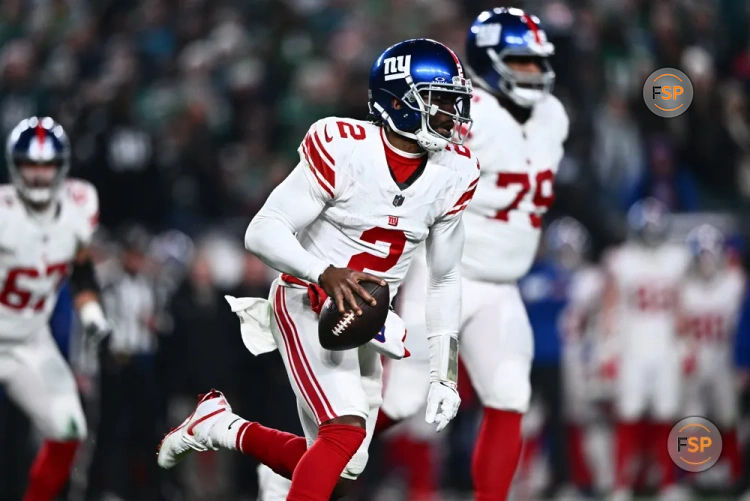 PHILADELPHIA, PA - DECEMBER 25: New York Giants Quarterback Tyrod Taylor (2) scrambles with the ball in the second half during the game between the New York Giants and Philadelphia Eagles on December 25, 2023 at Lincoln Financial Field in Philadelphia, PA. (Photo by Kyle Ross/Icon Sportswire)