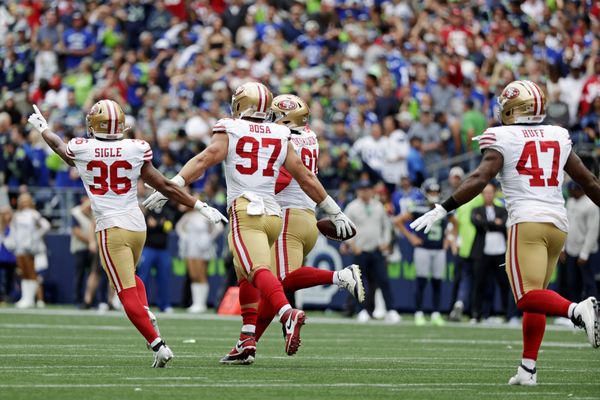 Sep 7, 2025; Seattle, Washington, USA; The San Francisco 49ers celebrate after a fumble recovery during the second half against the Seattle Seahawks during the fourth quarter at Lumen Field. Mandatory Credit: Joe Nicholson-Imagn Images