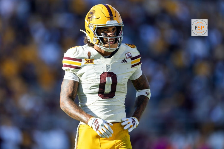 Oct 18, 2025; Tempe, Arizona, USA; Arizona State Sun Devils wide receiver Jordyn Tyson (0) against the Texas Tech Red Raiders at Mountain America Stadium. Credit: Mark J. Rebilas-Imagn Images