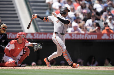 Apr 20, 2025; Anaheim, California, USA; San Francisco Giants center fielder Jung Hoo Lee (51) bats in the third inning against the Los Angeles Angels at Angel Stadium. Mandatory Credit: Kirby Lee-Imagn Images