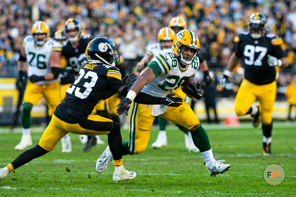 PITTSBURGH, PA - NOVEMBER 12: Green Bay Packers running back AJ Dillon (28) runs with the ball during the regular season NFL football game between the Green Bay Packers and Pittsburgh Steelers on November 12, 2023 at Acrisure Stadium in Pittsburgh, PA. (Photo by Mark Alberti/Icon Sportswire)