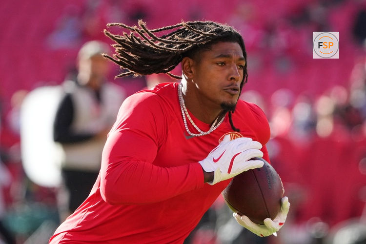 Oct 19, 2025; Kansas City, Missouri, USA; Kansas City Chiefs running back Isiah Pacheco (10) warms up prior to the game against the Las Vegas Raiders at GEHA Field at Arrowhead Stadium. Credit: Denny Medley-Imagn Images
