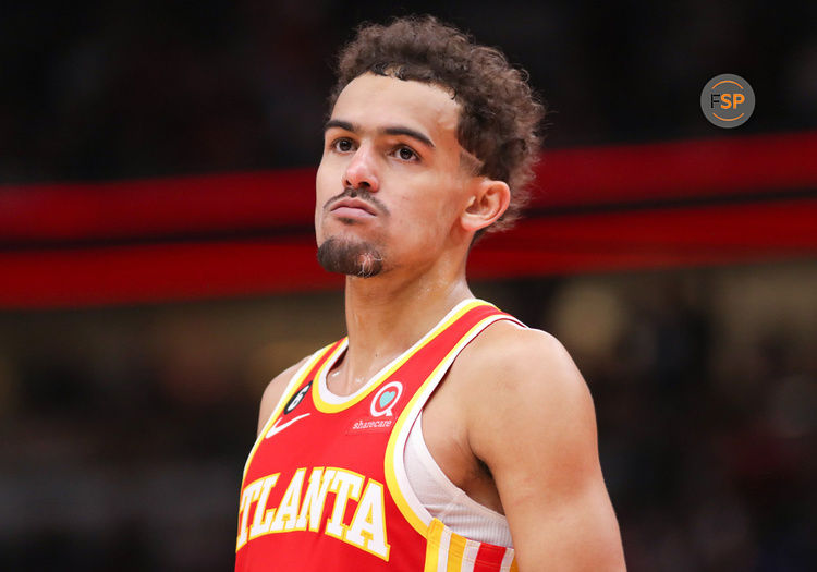 CHICAGO, IL - JANUARY 23: Atlanta Hawks Guard Trae Young (11) looks on during a NBA game between the Atlanta  Hawks and the Chicago Bulls on January 23, 2023 at the United Center in Chicago, IL. (Photo by Melissa Tamez/Icon Sportswire)