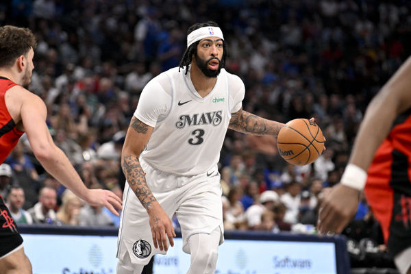 Feb 8, 2025; Dallas, Texas, USA; Dallas Mavericks forward Anthony Davis (3) brings the ball up court against the Houston Rockets during the second half at the American Airlines Center. Mandatory Credit: Jerome Miron-Imagn Images