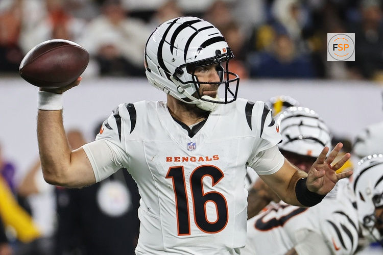 Oct 16, 2025; Cincinnati, Ohio, USA; Cincinnati Bengals quarterback Joe Flacco (16) throws a pass against the Pittsburgh Steelers during the fourth quarter at Paycor Stadium. Credit: Joseph Maiorana-Imagn Images