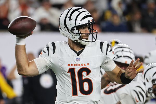 Oct 16, 2025; Cincinnati, Ohio, USA; Cincinnati Bengals quarterback Joe Flacco (16) throws a pass against the Pittsburgh Steelers during the fourth quarter at Paycor Stadium. Mandatory Credit: Joseph Maiorana-Imagn Images
