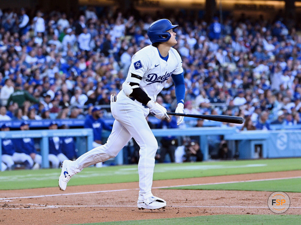 LOS ANGELES, CA - MAY 04: Los Angeles Dodgers designated hitter Shohei Ohtani (17) hits a single during an MLB baseball game against the Atlanta Braves played on May 4, 2024 at Dodger Stadium in Los Angeles, CA. (Photo by John Cordes/Icon Sportswire)
