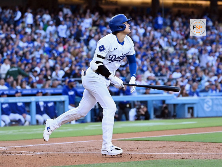 LOS ANGELES, CA - MAY 04: Los Angeles Dodgers designated hitter Shohei Ohtani (17) hits a single during an MLB baseball game against the Atlanta Braves played on May 4, 2024 at Dodger Stadium in Los Angeles, CA. (Photo by John Cordes/Icon Sportswire)