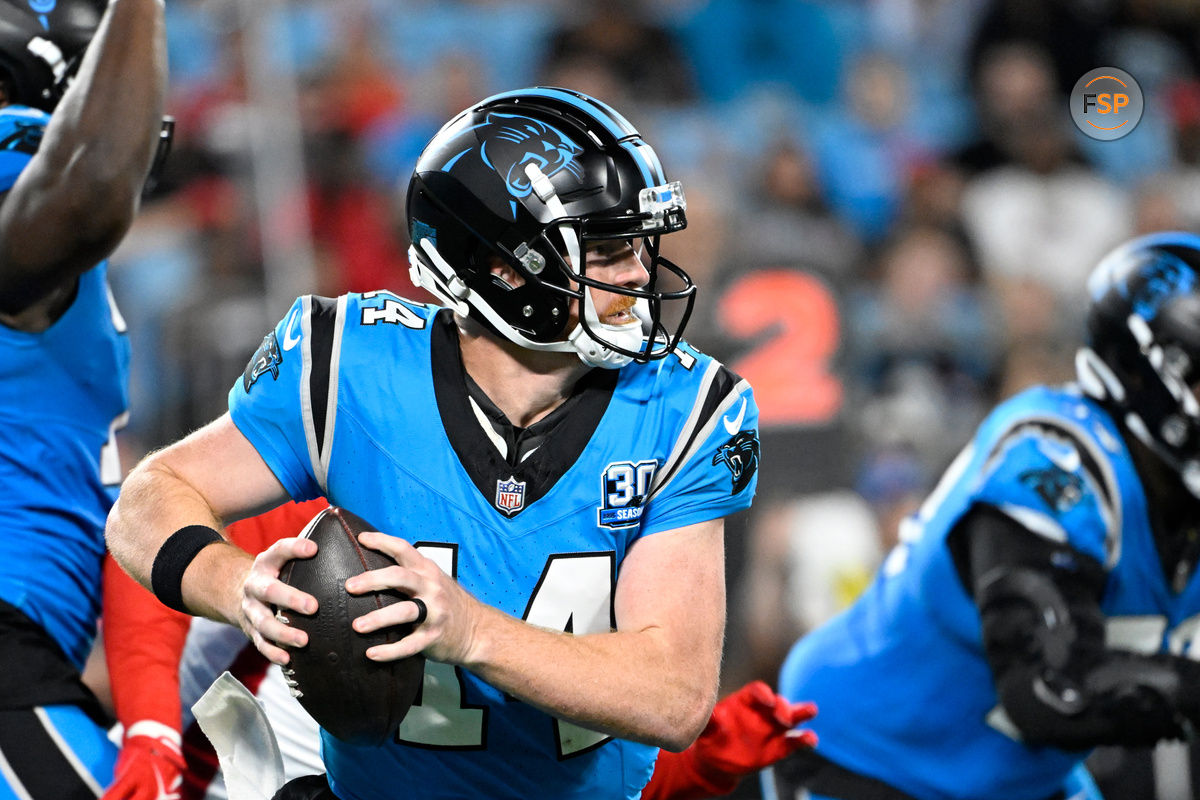 Oct 13, 2024; Charlotte, North Carolina, USA;  Carolina Panthers quarterback Andy Dalton (14) looks to pass in the fourth quarter at Bank of America Stadium. Credit: Bob Donnan-Imagn Images