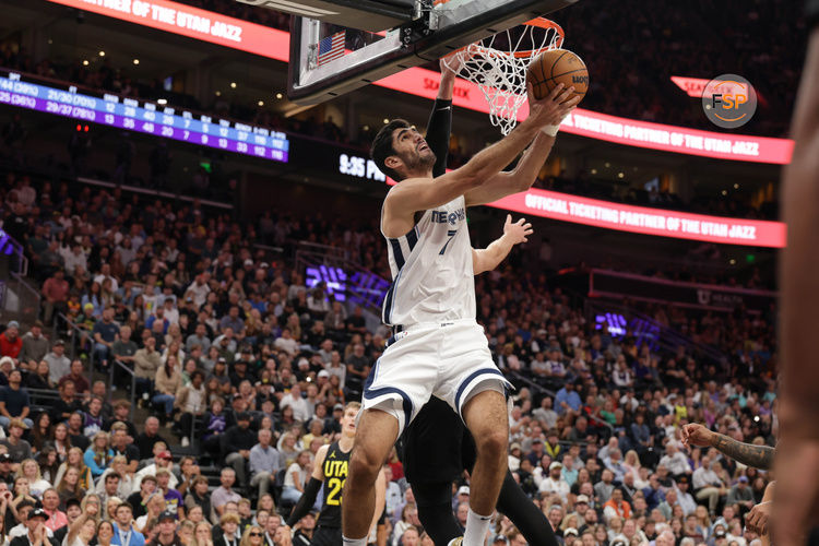 Oct 23, 2024; Salt Lake City, Utah, USA; Memphis Grizzlies forward Santi Aldama (7) attempts a shot during the second half against the Utah Jazz at Delta Center. Credit: Chris Nicoll-Imagn Images