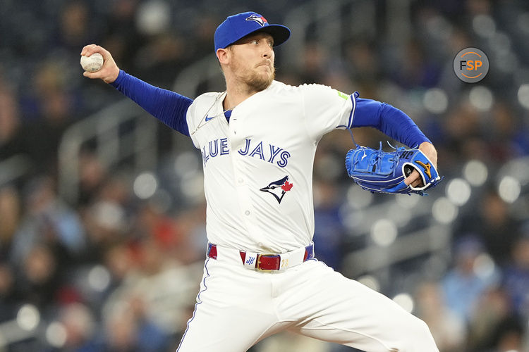 Apr 16, 2025; Toronto, Ontario, CAN; Toronto Blue Jays pitcher Jeff Hoffman (23) pitches to the Atlanta Braves during the ninth inning at Rogers Centre. Credit: John E. Sokolowski-Imagn Images