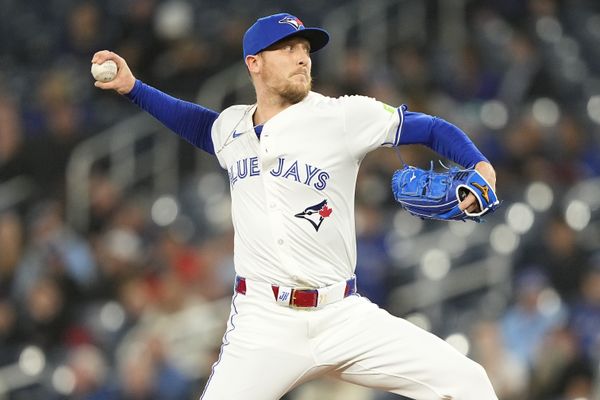 Apr 16, 2025; Toronto, Ontario, CAN; Toronto Blue Jays pitcher Jeff Hoffman (23) pitches to the Atlanta Braves during the ninth inning at Rogers Centre. Mandatory Credit: John E. Sokolowski-Imagn Images