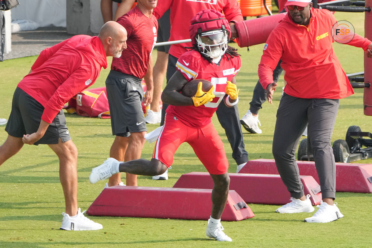 Jul 26, 2024; Kansas City, MO, USA; Kansas City Chiefs wide receiver Marquise “Hollywood” Brown (5) runs drills during training camp at Missouri Western State University. Credit: Denny Medley-USA TODAY Sports