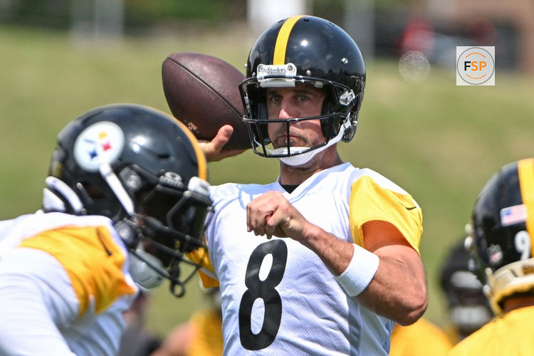 Jul 25, 2025; Pittsburgh, PA, USA; Pittsburgh Steelers quarterback Aaron Rodgers (8) participates in drills during training camp at Saint Vincent College. Credit: Barry Reeger-Imagn Images