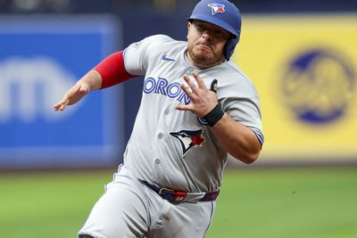 Aug 18, 2026; St. Petersburg, Florida, USA; Toronto Blue Jays catcher Alejandro Kirk (30) rounds third base to score a run against the Tampa Bay Rays in the first inning at Tropicana Field. Mandatory Credit: Nathan Ray Seebeck-Imagn Images