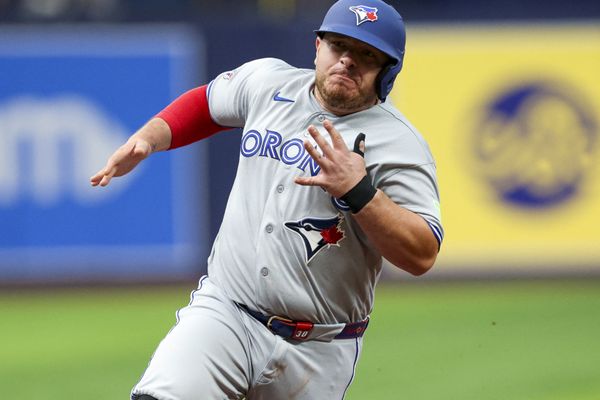 Aug 18, 2026; St. Petersburg, Florida, USA; Toronto Blue Jays catcher Alejandro Kirk (30) rounds third base to score a run against the Tampa Bay Rays in the first inning at Tropicana Field. Mandatory Credit: Nathan Ray Seebeck-Imagn Images