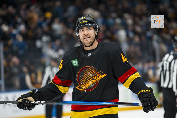 Jan 3, 2026; Vancouver, British Columbia, CAN; Vancouver Canucks forward Kiefer Sherwood (44) reacts to the loss against the Boston Bruins in overtime at Rogers Arena. Credit: Bob Frid-Imagn Images