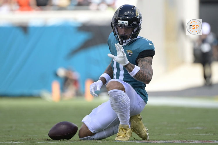 Sep 13, 2026; Jacksonville, Florida, USA;  Jacksonville Jaguars wide receiver Parker Washington (11) reacts after a play in the second quarter against the Cleveland Browns at EverBank Stadium.  Credit: Melina Myers-Imagn Images