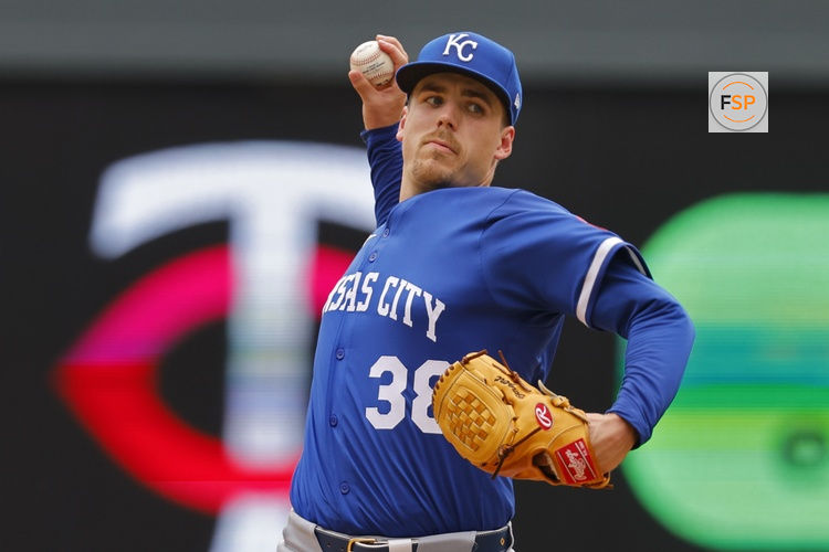 Aug 10, 2025; Minneapolis, Minnesota, USA; Kansas City Royals starting pitcher Ryan Bergert (38) throws to the Minnesota Twins in the first inning at Target Field. Credit: Bruce Kluckhohn-Imagn Images