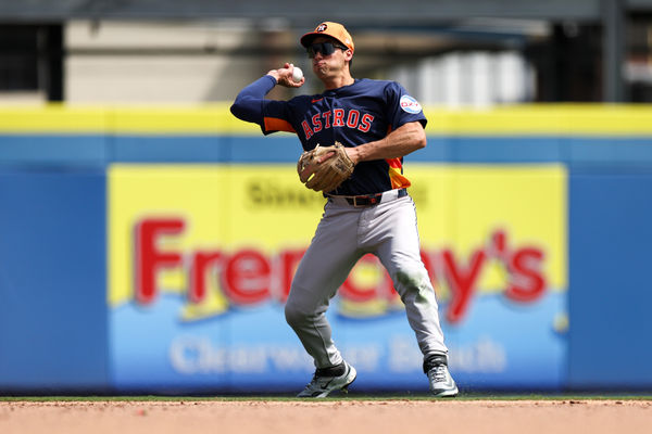 Mar 10, 2025; Dunedin, Florida, USA; Houston Astros infielder Brice Matthews (86) throws to first base against the Toronto Blue Jays in the fifth inning during spring training at TD Ballpark. Mandatory Credit: Nathan Ray Seebeck-Imagn Images