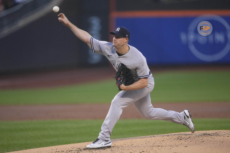 FLUSHING, NY - JUNE 14: New York Yankees Pitcher Gerrit Cole (45) delivers a pitch during the first inning of the Major League Baseball game between the New York Yankees and New York Mets on June 14, 2023, at Citi Field in Flushing, NY. (Photo by Gregory Fisher/Icon Sportswire)