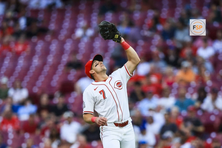 Sep 3, 2025; Cincinnati, Ohio, USA; Cincinnati Reds first baseman Spencer Steer (7) catches a pop up hit by Toronto Blue Jays designated hitter Vladimir Guerrero Jr. (not pictured) in the fourth inning at Great American Ball Park. Credit: Katie Stratman-Imagn Images