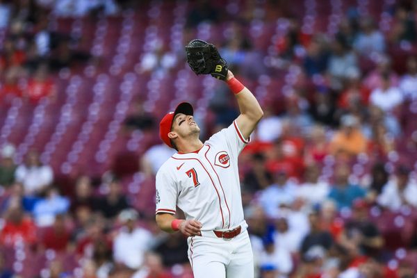 Sep 3, 2025; Cincinnati, Ohio, USA; Cincinnati Reds first baseman Spencer Steer (7) catches a pop up hit by Toronto Blue Jays designated hitter Vladimir Guerrero Jr. (not pictured) in the fourth inning at Great American Ball Park. Mandatory Credit: Katie Stratman-Imagn Images