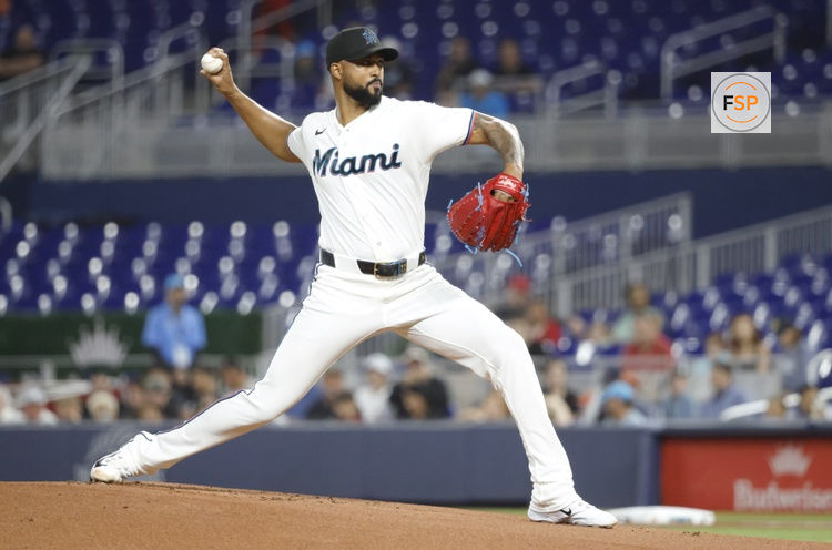 Apr 7, 2026; Miami, Florida, USA;  Miami Marlins starting pitcher Sandy Alcantara (22) pitches against the Cincinnati Reds in the first inning at loanDepot Park. Credit: Rhona Wise-Imagn Images