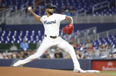 Apr 7, 2026; Miami, Florida, USA;  Miami Marlins starting pitcher Sandy Alcantara (22) pitches against the Cincinnati Reds in the first inning at loanDepot Park. Mandatory Credit: Rhona Wise-Imagn Images