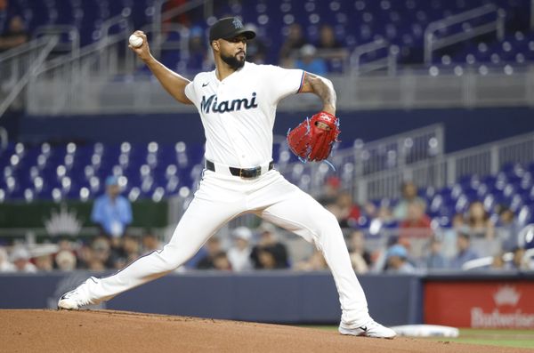 Apr 7, 2026; Miami, Florida, USA;  Miami Marlins starting pitcher Sandy Alcantara (22) pitches against the Cincinnati Reds in the first inning at loanDepot Park. Mandatory Credit: Rhona Wise-Imagn Images