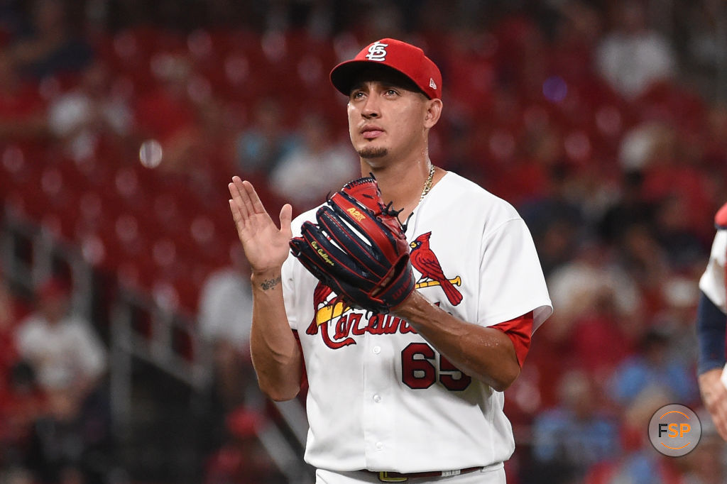 ST LOUIS, MO - SEPTEMBER 07: Giovanny Gallegos #65 of the St. Louis Cardinals looks on against the Washington Nationals at Busch Stadium on September 7, 2022 in St Louis, Missouri. (Photo by Joe Puetz/Getty Images) *** Local Caption *** Giovanny Gallegos