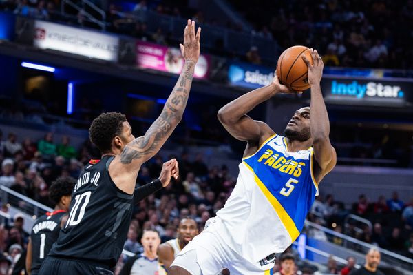Feb 2, 2026; Indianapolis, Indiana, USA;  Indiana Pacers forward Jarace Walker (5) shoots the ball while Houston Rockets forward Jabari Smith Jr. (10) defends in the second half at Gainbridge Fieldhouse. Mandatory Credit: Trevor Ruszkowski-Imagn Images