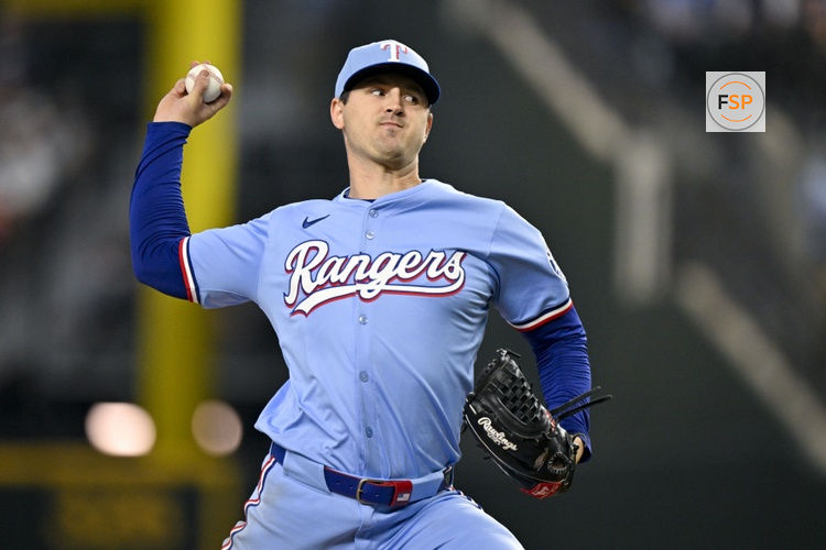 Apr 20, 2025; Arlington, Texas, USA; Texas Rangers starting pitcher Tyler Mahle (51) pitches against the Los Angeles Dodgers during the fifth inning at Globe Life Field. Credit: Jerome Miron-Imagn Images