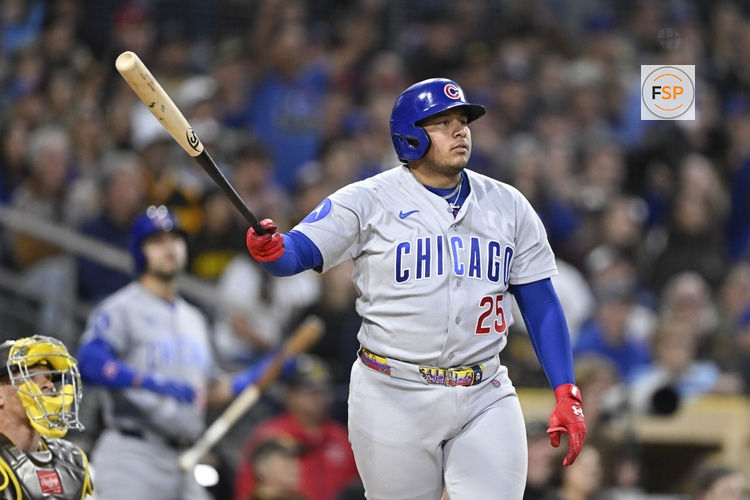 Apr 27, 2026; San Diego, California, USA; Chicago Cubs catcher Moises Ballesteros (25) hits a grand slam during the third inning against the San Diego Padres at Petco Park. Credit: Denis Poroy-Imagn Images