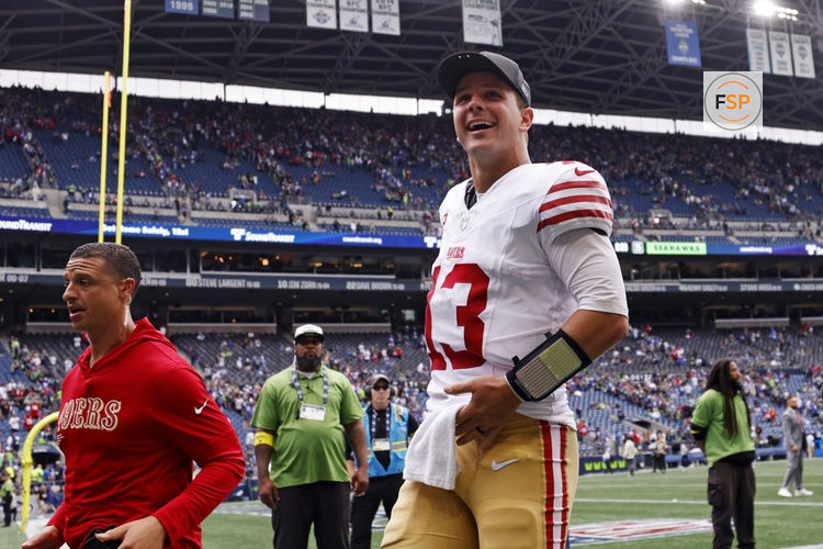 Sep 7, 2025; Seattle, Washington, USA; San Francisco 49ers quarterback Brock Purdy (13) reacts after the game against the Seattle Seahawks during the fourth quarter at Lumen Field. Credit: Joe Nicholson-Imagn Images