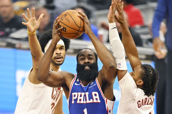 Oct 10, 2022; Cleveland, Ohio, USA; Cleveland Cavaliers center Jarrett Allen (31) and guard Darius Garland (10) defend a drive by Philadelphia 76ers guard James Harden (1) in the first quarter at Rocket Mortgage FieldHouse. Mandatory Credit: David Richard-USA TODAY Sports