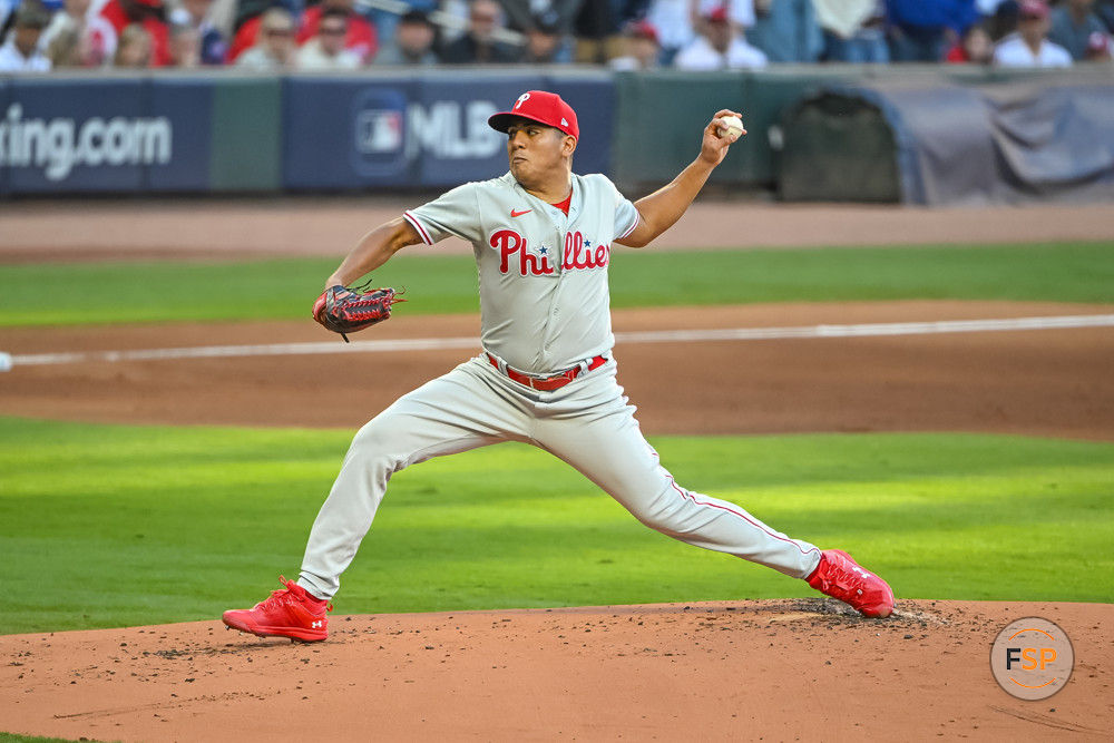 ATLANTA, GA - OCTOBER 07: Philadelphia Phillies starting pitcher Ranger Suarez (55) during the first inning of game 1 of the NLDS between the Philadelphia Phillies and Atlanta Braves on October 7, 2023, at Truist Park in Atlanta, GA. (Photo by John Adams/Icon Sportswire)