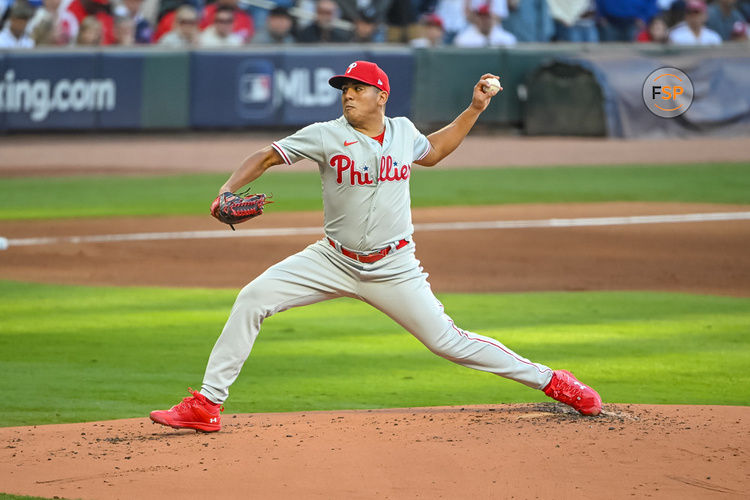 ATLANTA, GA - OCTOBER 07: Philadelphia Phillies starting pitcher Ranger Suarez (55) during the first inning of game 1 of the NLDS between the Philadelphia Phillies and Atlanta Braves on October 7, 2023, at Truist Park in Atlanta, GA. (Photo by John Adams/Icon Sportswire)