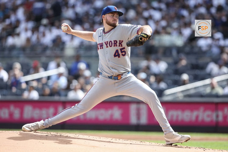 Sep 13, 2026; Bronx, New York, USA;  New York Mets starting pitcher Christian Scott (45) pitches in the first inning against the New York Yankees at Yankee Stadium.  Credit: Wendell Cruz-Imagn Images