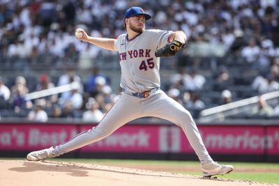 Sep 13, 2026; Bronx, New York, USA;  New York Mets starting pitcher Christian Scott (45) pitches in the first inning against the New York Yankees at Yankee Stadium.  Mandatory Credit: Wendell Cruz-Imagn Images