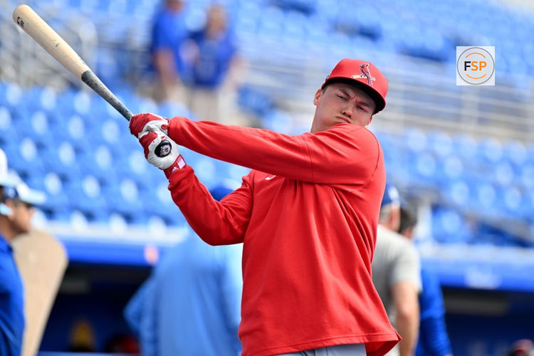 Feb 25, 2025; Dunedin, Florida, USA; St. Louis Cardinals designated hitter JJ Wetherholt (87) prepares for batting practice  before a spring training game against the Toronto Blue Jays at TD Ballpark. Credit: Jonathan Dyer-Imagn Images