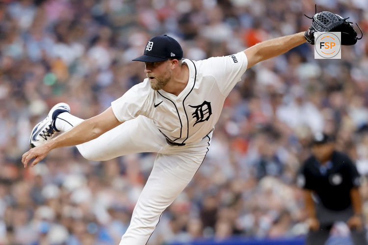 Jul 26, 2025; Detroit, Michigan, USA;  Detroit Tigers pitcher Will Vest (19) pitches in the eighth inning against the Toronto Blue Jays at Comerica Park. Credit: Rick Osentoski-Imagn Images