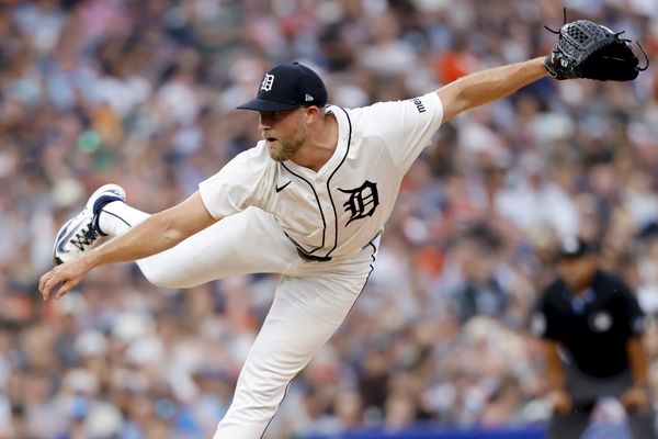 Jul 26, 2025; Detroit, Michigan, USA;  Detroit Tigers pitcher Will Vest (19) pitches in the eighth inning against the Toronto Blue Jays at Comerica Park. Mandatory Credit: Rick Osentoski-Imagn Images