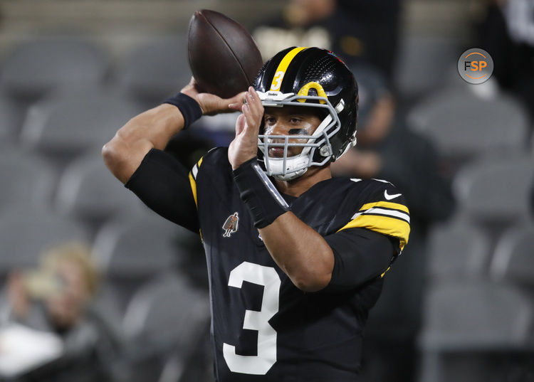 Oct 20, 2024; Pittsburgh, Pennsylvania, USA;  Pittsburgh Steelers quarterback Russell Wilson (3) warms up before the game against the New York Jets at Acrisure Stadium. Credit: Charles LeClaire-Imagn Images