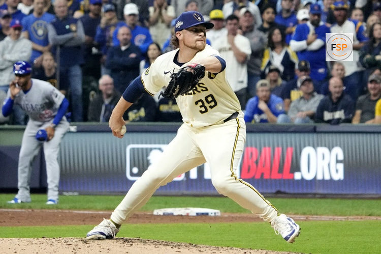 Oct 11, 2025; Milwaukee, Wisconsin, USA; Milwaukee Brewers pitcher Chad Patrick (39) pitches against the Chicago Cubs in the sixth inning during game five of the NLDS round for the 2025 MLB playoffs at American Family Field. Credit: Michael McLoone-Imagn Images