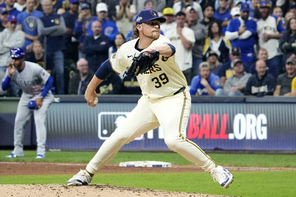 Oct 11, 2025; Milwaukee, Wisconsin, USA; Milwaukee Brewers pitcher Chad Patrick (39) pitches against the Chicago Cubs in the sixth inning during game five of the NLDS round for the 2025 MLB playoffs at American Family Field. Mandatory Credit: Michael McLoone-Imagn Images