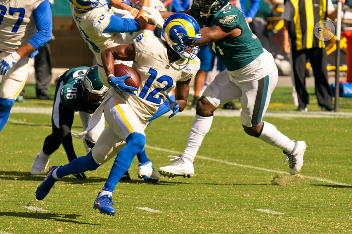 PHILADELPHIA, PA - SEPTEMBER 20: Los Angeles Rams wide receiver Van Jefferson (12) runs the ball during the game between the Los Angeles Rams and the Philadelphia Eagles on September 20, 2020 at Lincoln Financial Field in Philadelphia, PA. (Photo by Andy Lewis/Icon Sportswire)