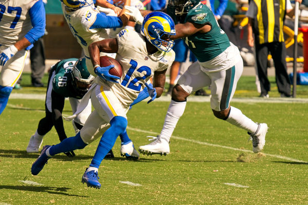 PHILADELPHIA, PA - SEPTEMBER 20: Los Angeles Rams wide receiver Van Jefferson (12) runs the ball during the game between the Los Angeles Rams and the Philadelphia Eagles on September 20, 2020 at Lincoln Financial Field in Philadelphia, PA. (Photo by Andy Lewis/Icon Sportswire)